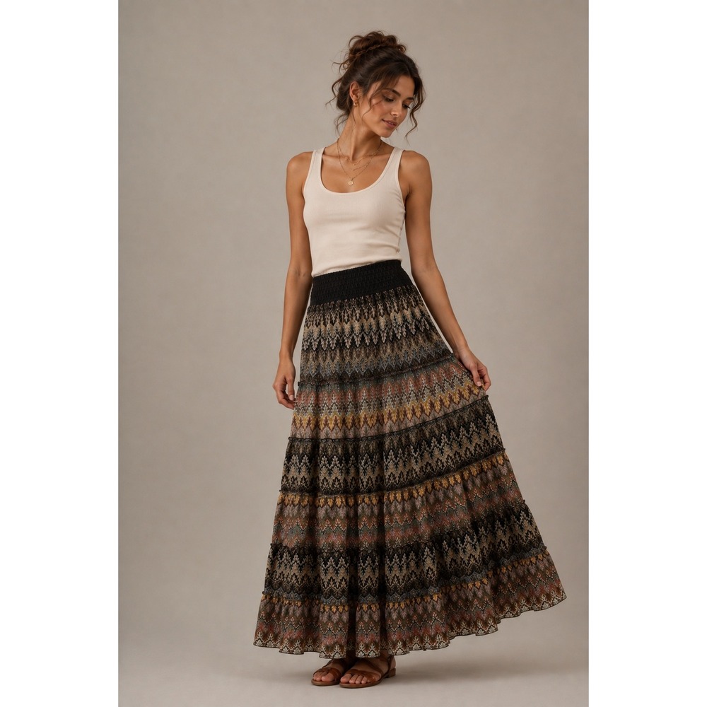Lapis Maxi Skirt Womens Small Brown Tiered Boho Chevron Print Boho Festival